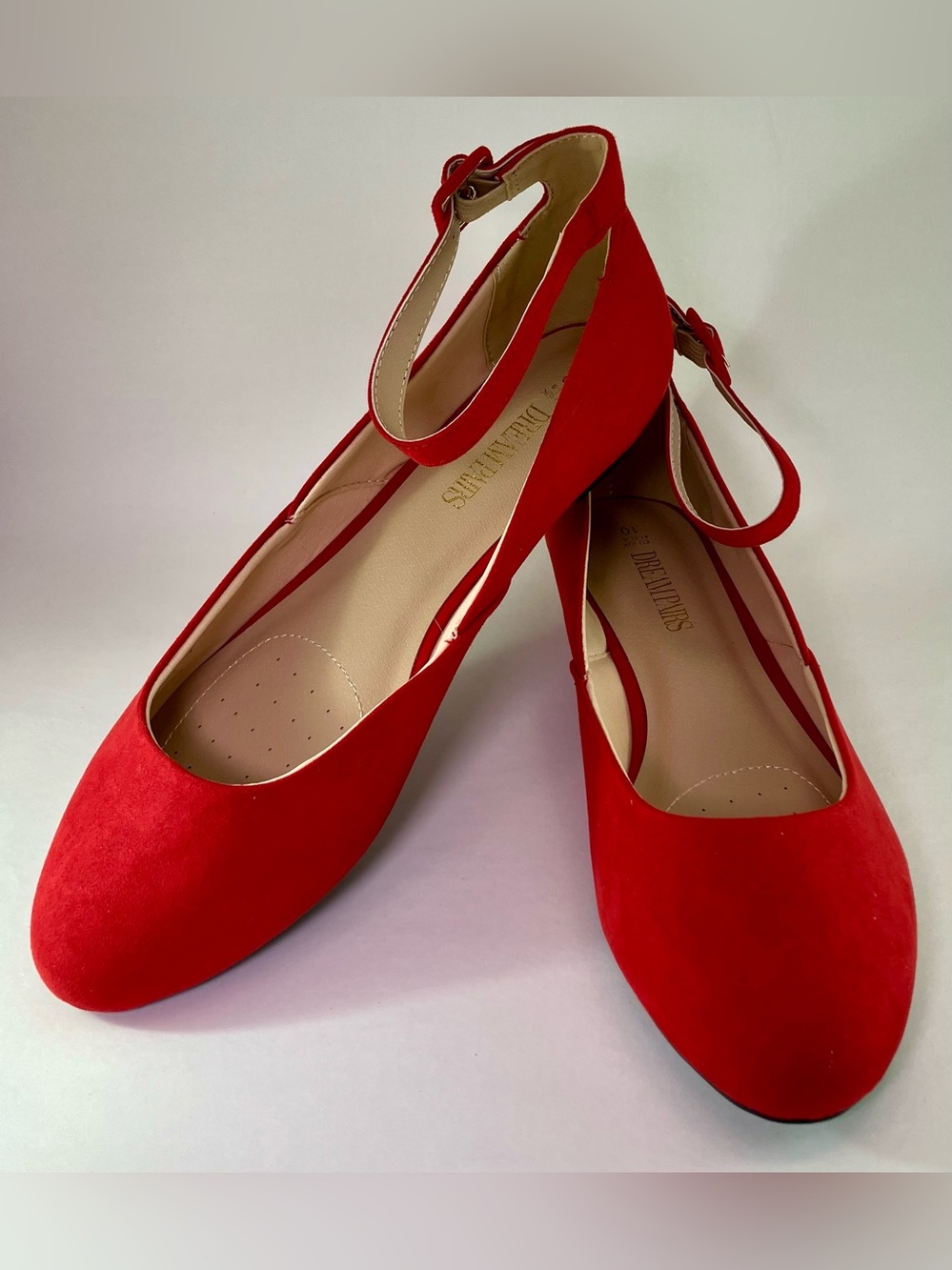 New In Box Revona Red Suede  Flats 0.5 in Heel  Ankle Straps W Sz 10 US